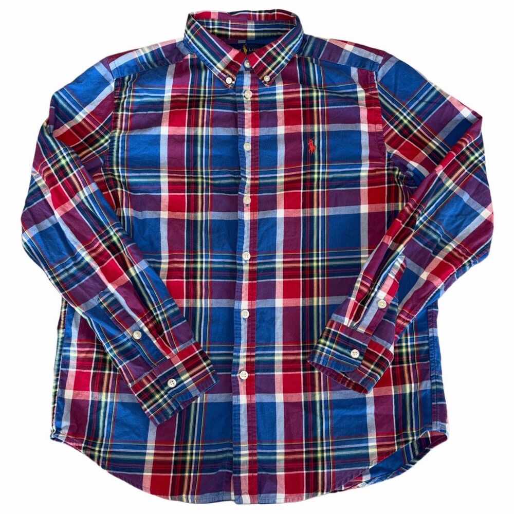 Polo Ralph Lauren Blue Red Plaid Button Down Shirt Boys Large 14/16 100% Cotton